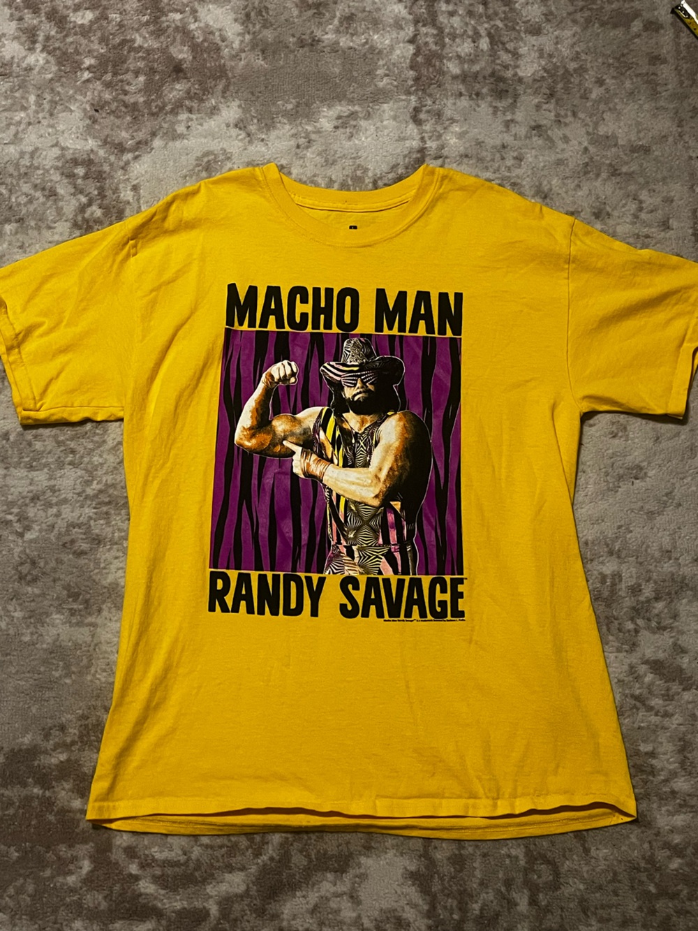 WWE Macho Man Randy Savage T-Shirt Large Yellow Graphic Tee Wrestling Classic